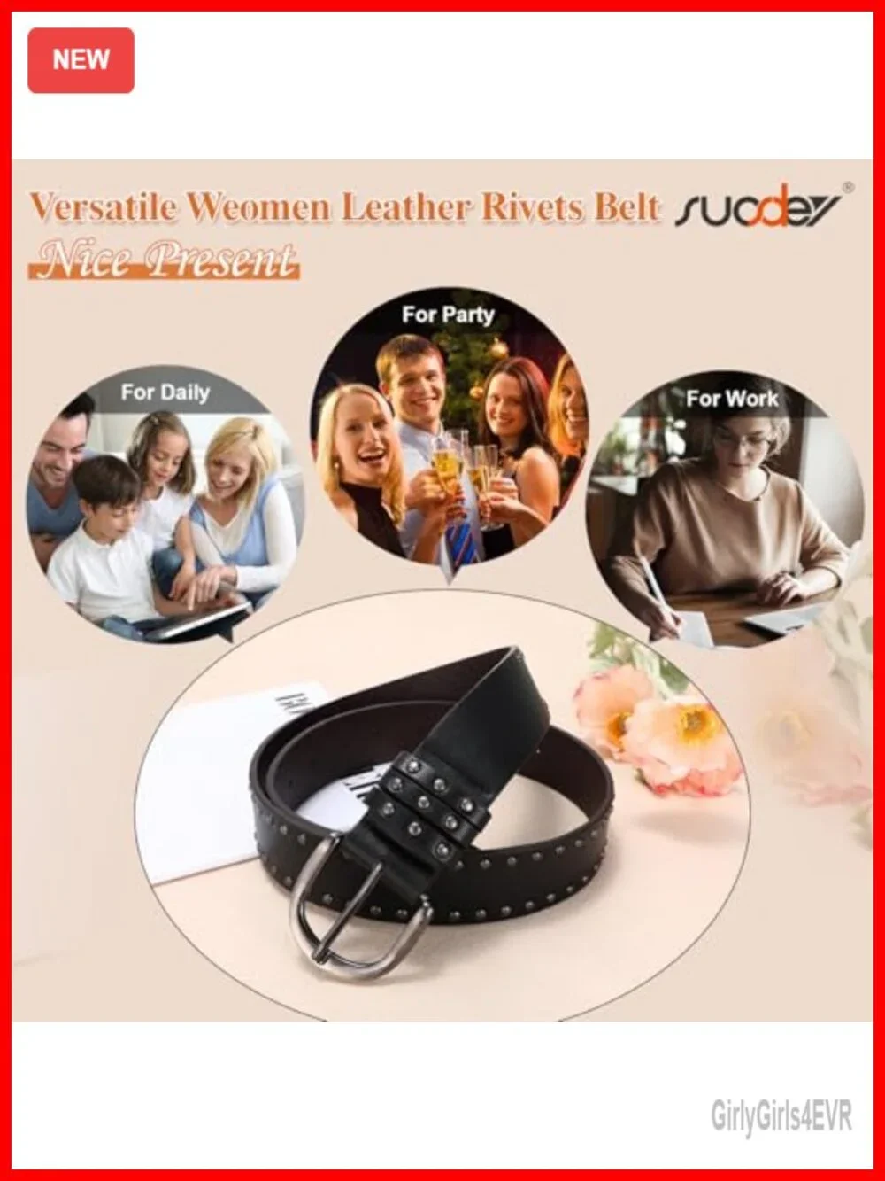 Faux Leather Studded Rivets Belt with Silver Buckle for Jeans Dresses
